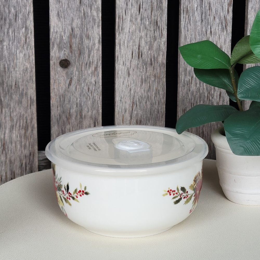 Grace Pantry Festive Poinsettia Ceramic Bowl with Lid - Picture 2 of 3